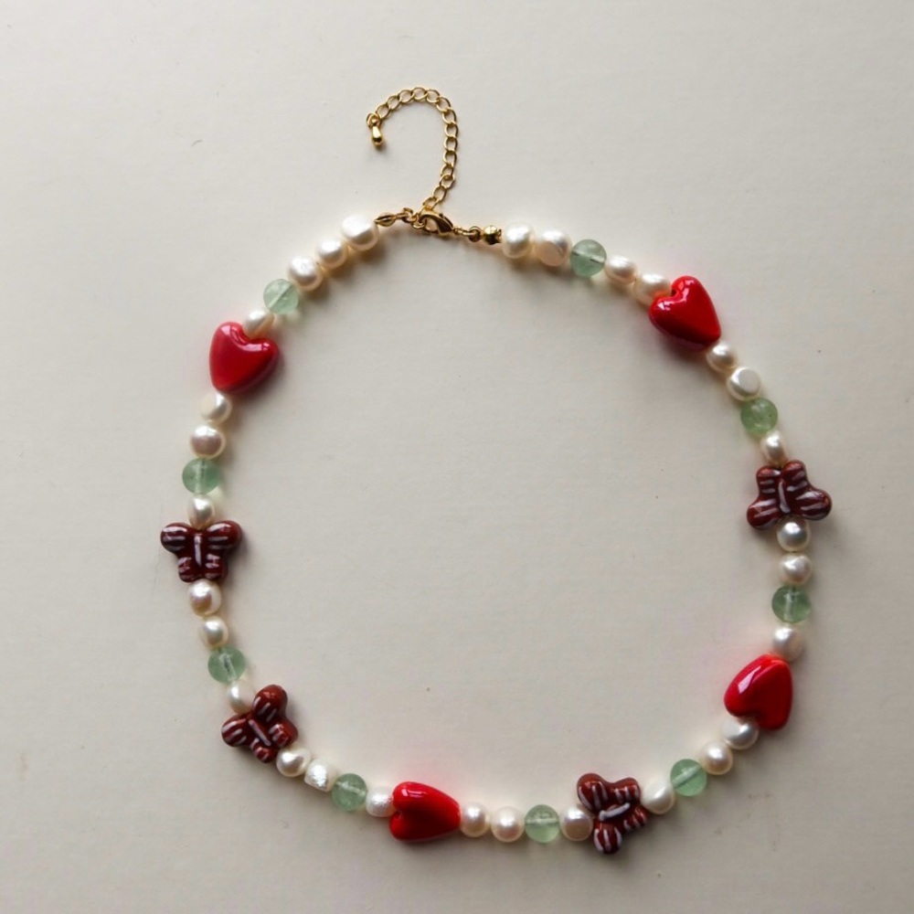 Freshwater Pearl Necklace with Ceramic Hearts and Butterfly